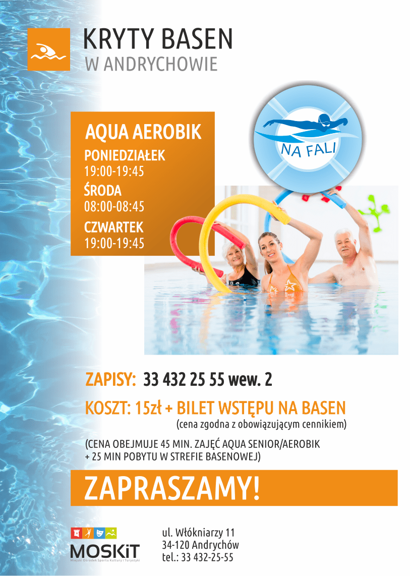 Plakat informacyjny o zajęciach Aqua Areobik
