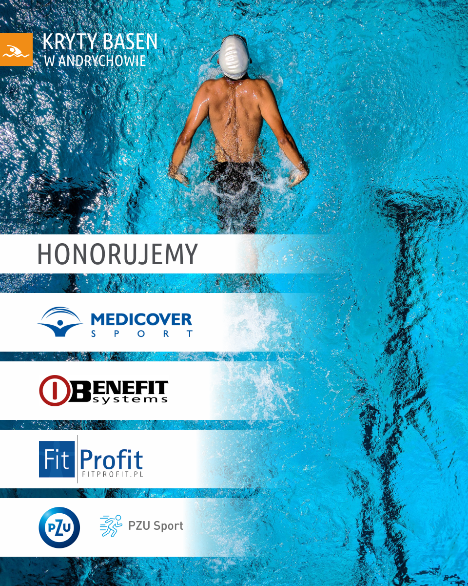 plakat z informacją o możliwości korzystania z kart operatorów zewnętrznych. Na plakacie pływak na niebieskim tle z operatorami: Benefit System, Ok System, Vanity Style, Pzu