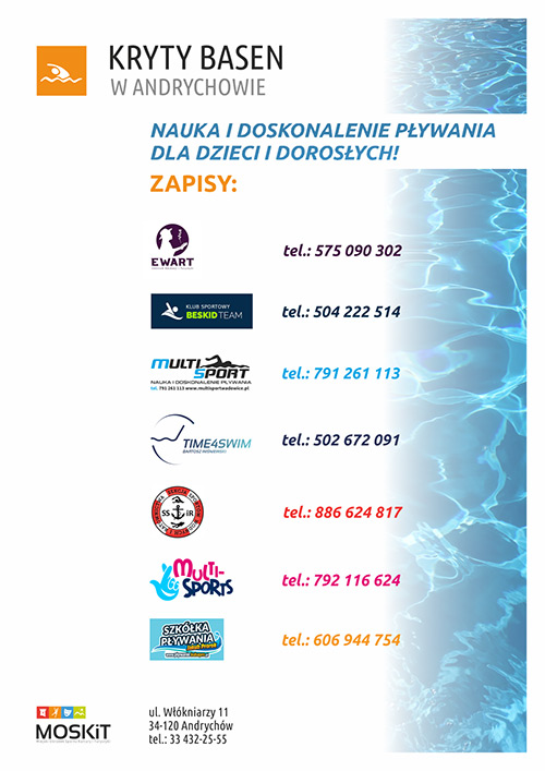 Plakat informacyjny o zajęciach z nauki pływania