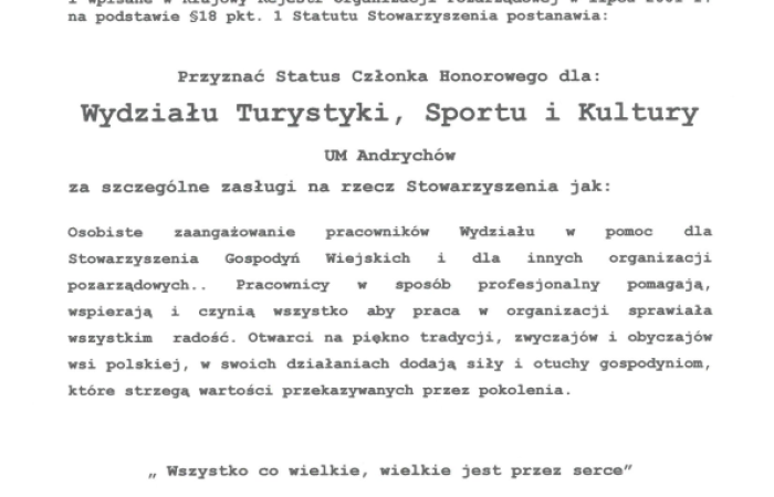Podziękowania dla Wydziału Turystyki, Sportu i Kultury w Andrychowie