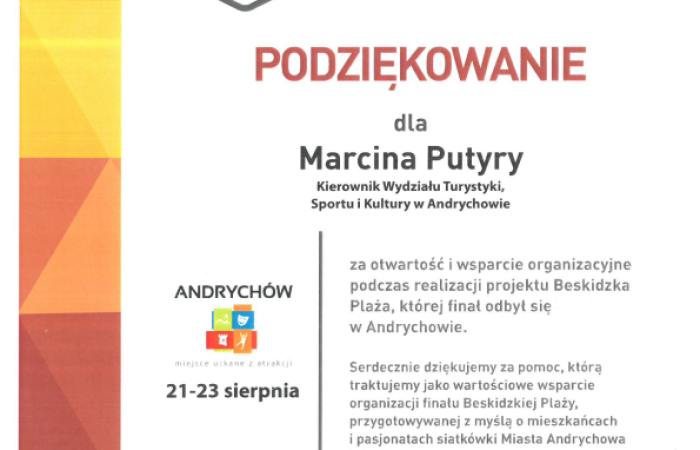 Podziękowania dla Wydziału Turystyki, Sportu i Kultury w Andrychowie
