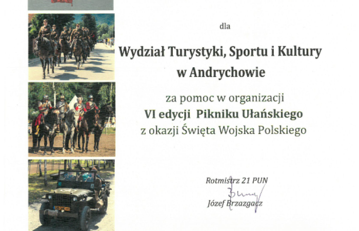 Podziękowania dla Wydziału Turystyki, Sportu i Kultury w Andrychowie