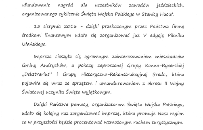 Podziękowania dla Wydziału Turystyki, Sportu i Kultury w Andrychowie