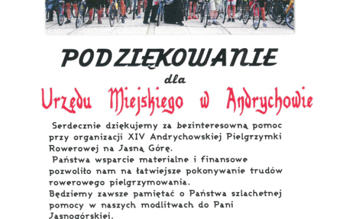 Podziękowania dla Wydziału Turystyki, Sportu i Kultury w Andrychowie