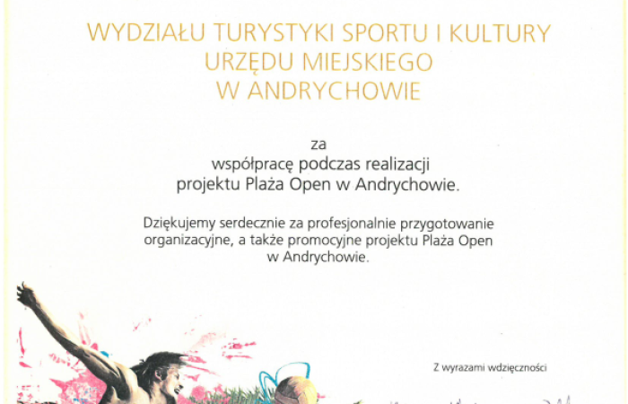 Podziękowania dla Wydziału Turystyki, Sportu i Kultury w Andrychowie