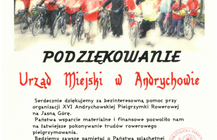 Podziękowania dla Wydziału Turystyki, Sportu i Kultury w Andrychowie