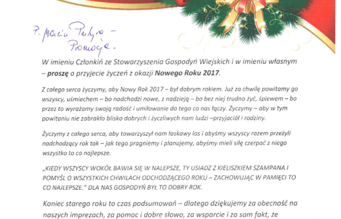 Podziękowania dla Wydziału Turystyki, Sportu i Kultury w Andrychowie